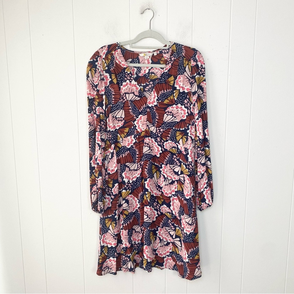 Boden V-Neck Tea Dress Flower Butterfly Petal Stamp Boho Print Dress US 12 - Picture 2 of 10